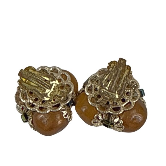 Vintage Amber Cluster Japan Clip-On Earrings Germany Gold Tone Beaded Statement - Picture 5 of 6